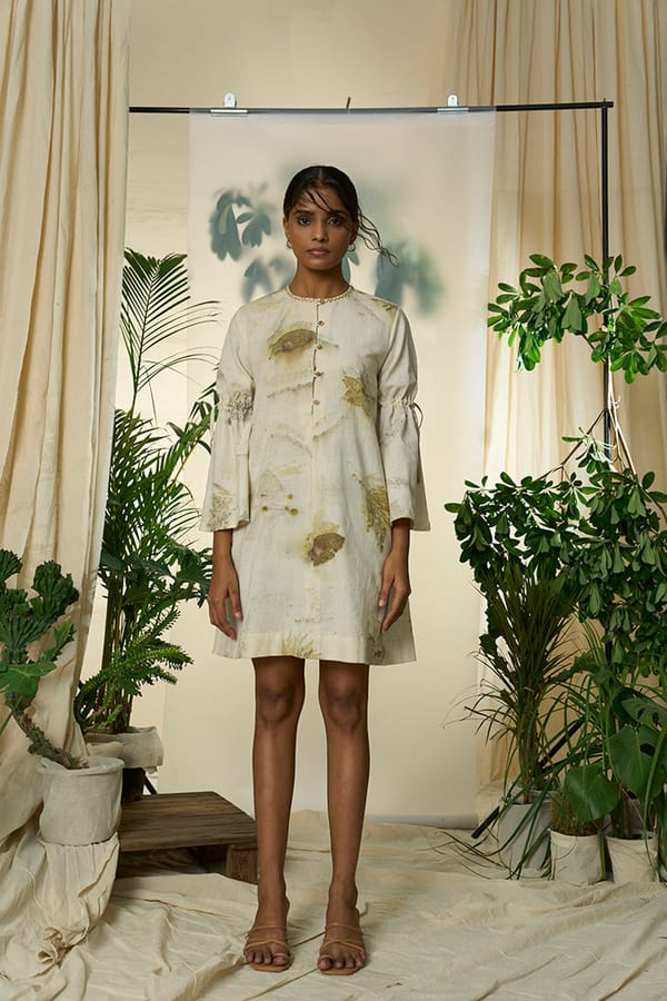 Beige Leaf Print Khadi Cotton Bell Sleeve Mini Dress — ALTER NATIVE
