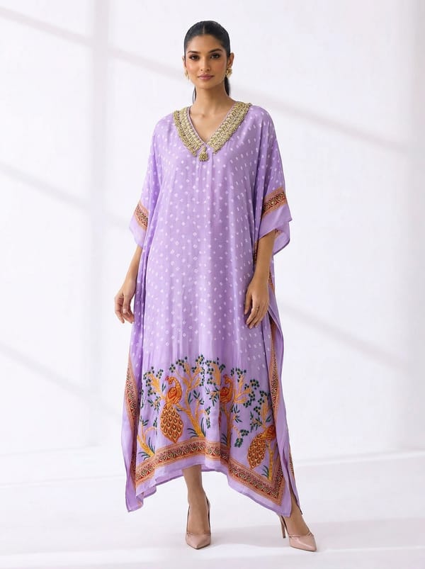 Bandhani Embellished Purple Kaftan — 5 Elements