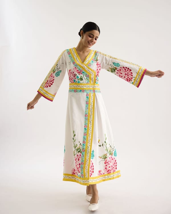 White Floral A-Line Midi Dress with V-Neck — THE FINICKY COLORIST