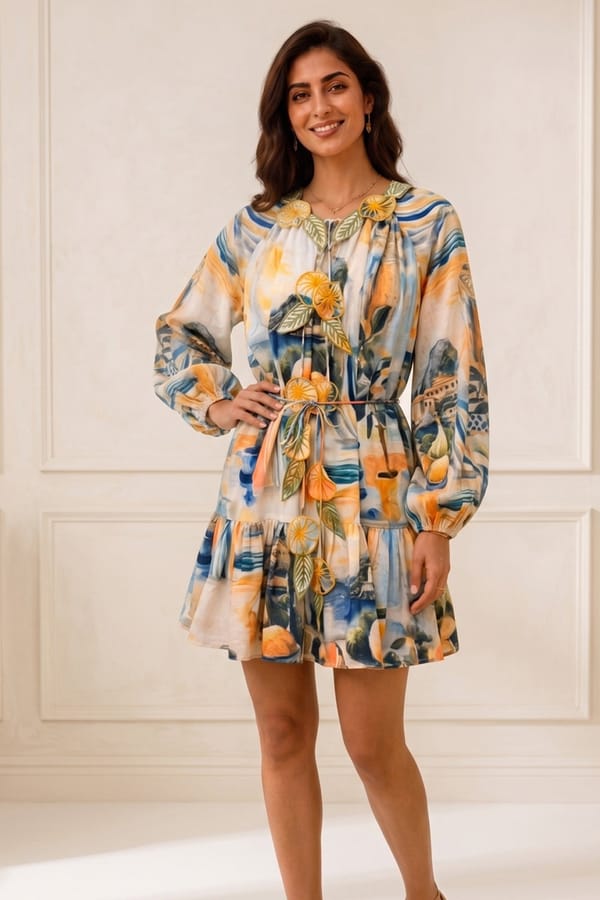 Multicolor Citrus Print Tiered Mini Dress with Drawstring Waist — BOHO-CHIC