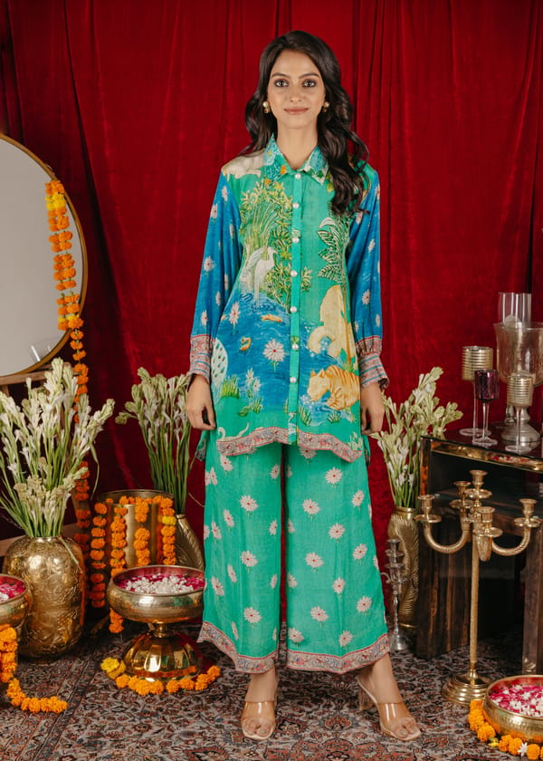 Printed Natural Crepe Shirt and Pants Co-ord Set — Chakkraa