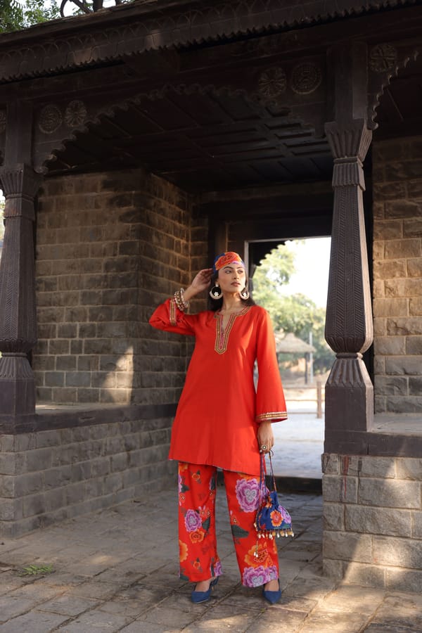 Orange Chanderi Printed Co-Ord Set — Kahani Lush