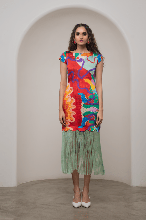 Multicolor Abstract Print Fringe Hem Midi Dress — ADVAIT