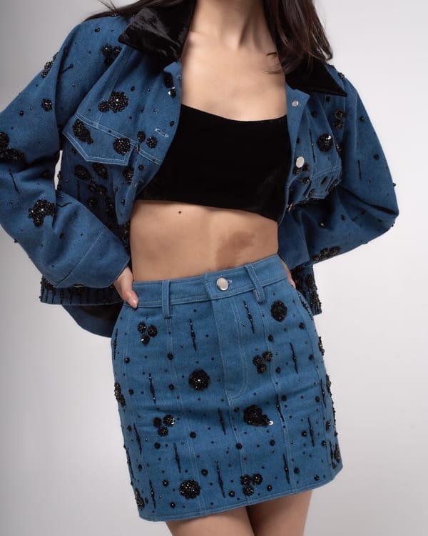 Medium Blue Embellished Denim Mini Skirt — MAGIA