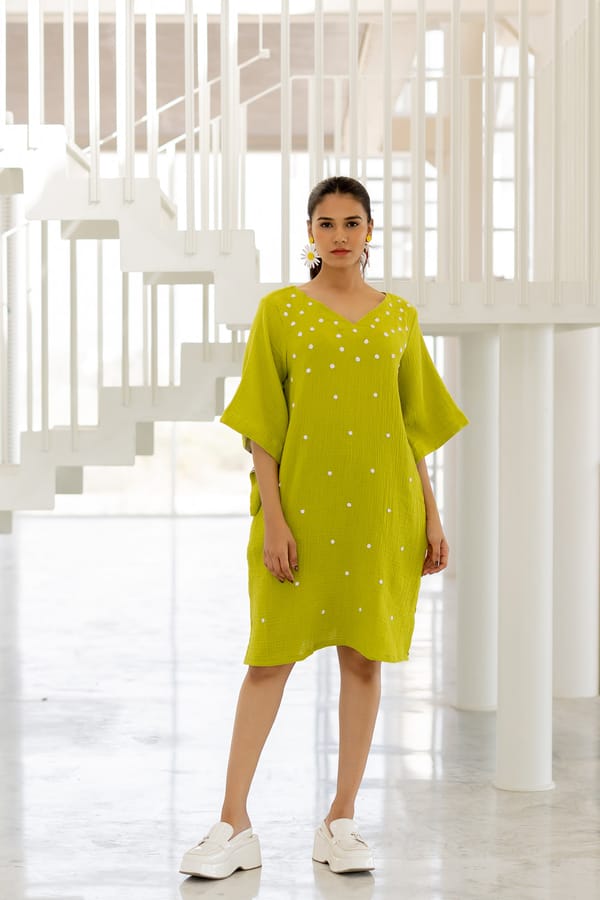 Green Straight Knee-Length Dress with Applique Dots — Silai studio