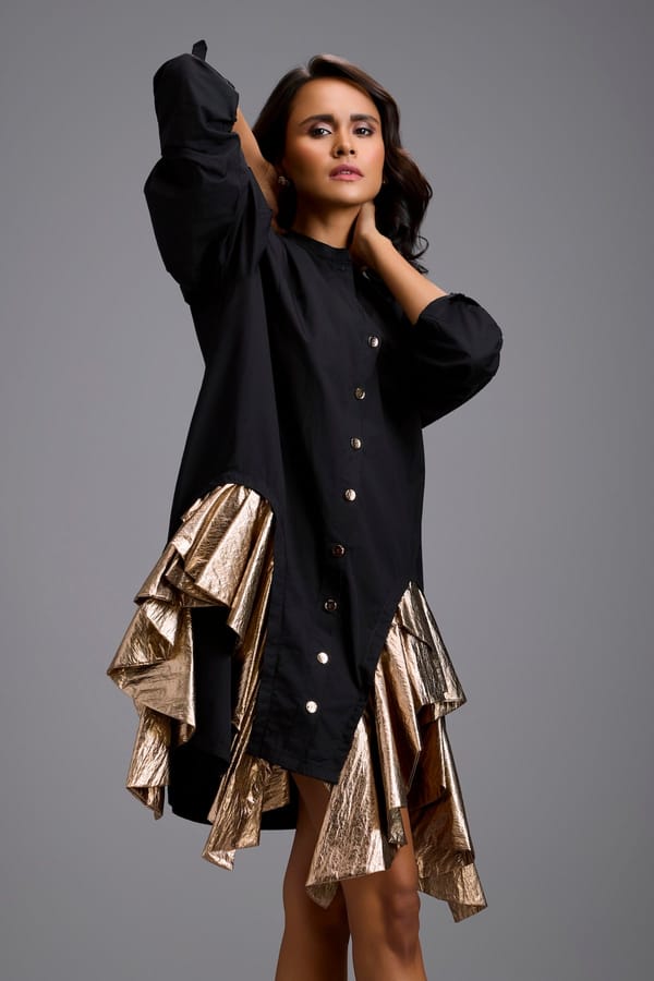 Black Mini Dress with Gold Ruffles — Deepika Arora