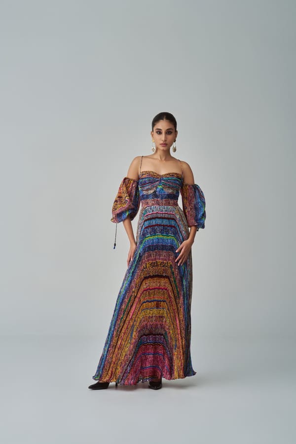 Multicolor Printed Chiffon Cold-Shoulder Maxi Dress — Saaksha and Kinni