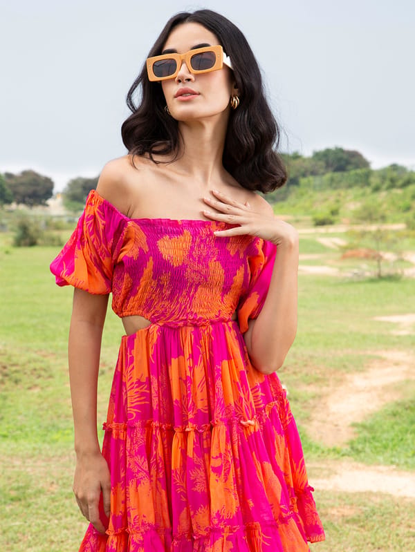 Pink Off-Shoulder Smocked Fit and Flare Mini Dress — House of Soi