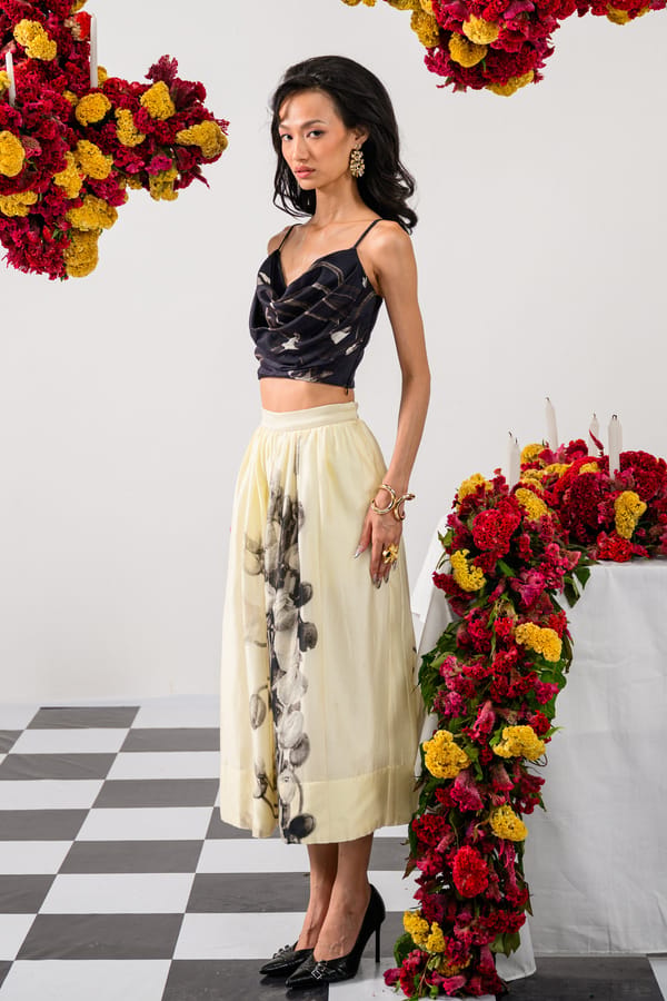 Black Cowl Bustier and Off-White Midi Skirt Co-ord Set — The Dramebaaz Company