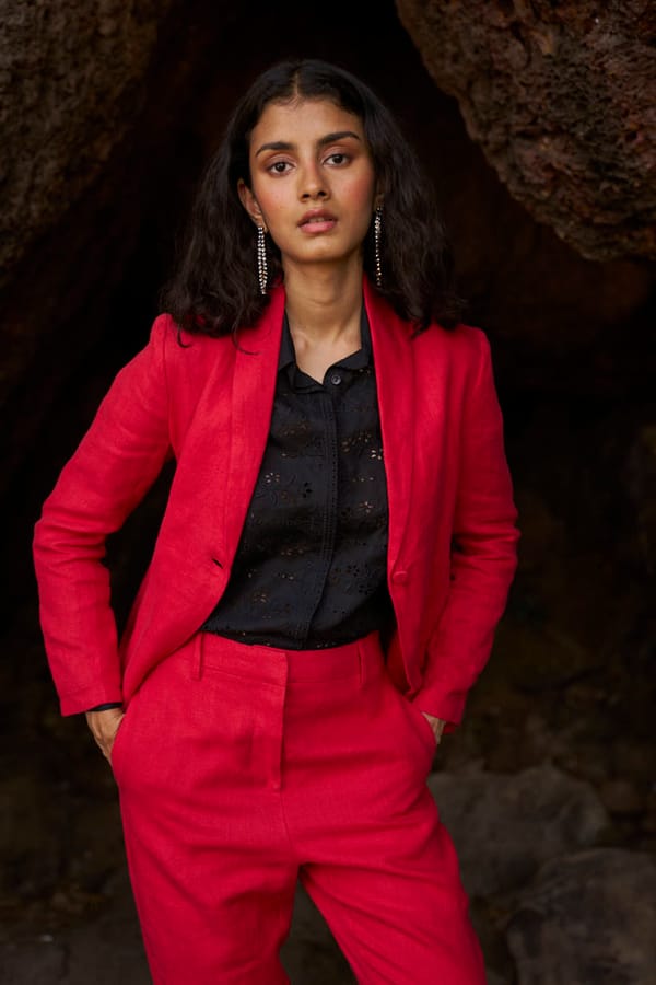 Red Linen Shawl Lapel Single-Button Tailored Blazer — Dash and Dot
