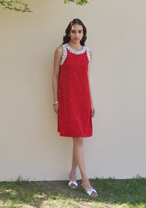 Red Embellished Boat Neck Shift Dress — AMOSHI