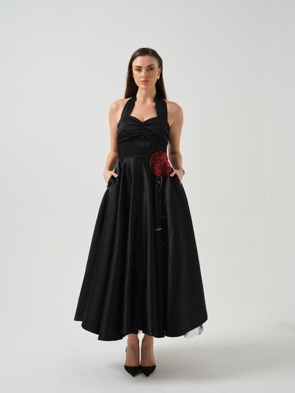 Black Halter Neck Fit and Flare Maxi Dress with Embroidery — RIBELLE