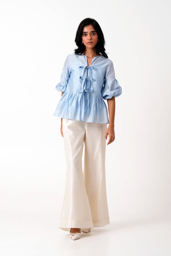 Ice Blue Tie-Up Peplum Top and Wide-Leg Pants Co-ord Set — Madder Much