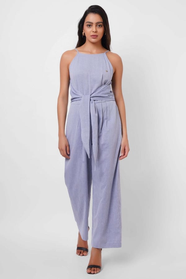 Blue Sleeveless Jumpsuit With Front Knot — Western Era