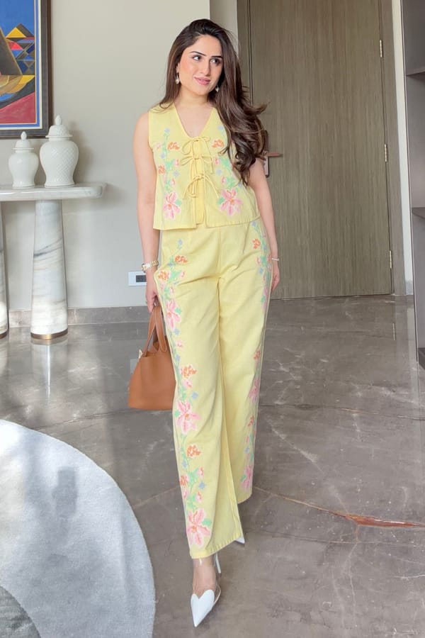 Yellow Linen Embroidered Co-ord Set with Tie-Up Top — BOHO-CHIC