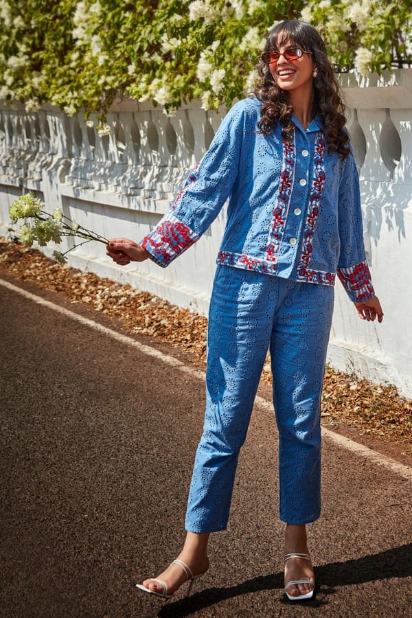 Cobalt Cotton Broderie Shirt and Trouser Co-ord Set — BOHO-CHIC