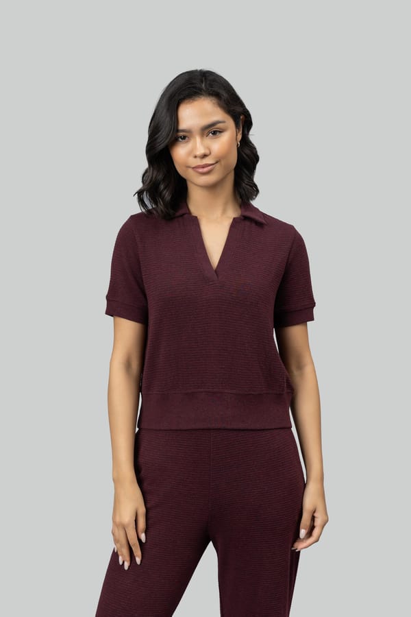Burgundy Ottoman Rib Cropped Polo Top — Necesera