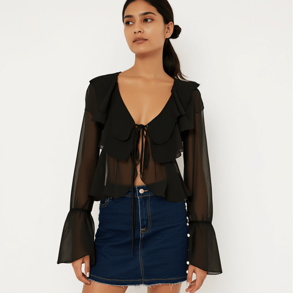 Black Georgette Sheer Ruffled Tie-Up Boho Blouse — Lea Clothing