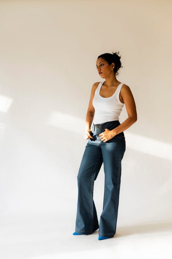 Blue/Green Dual-Tone Flared Denim Trousers — Shop Staple