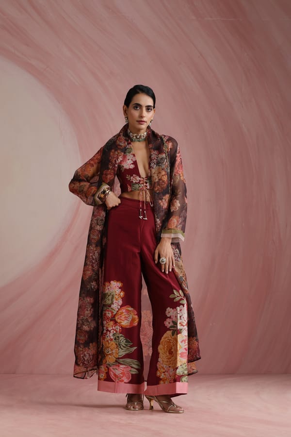 Burgundy Floral Overlay Co-ord Set with Wide-Leg Trousers — Moh India