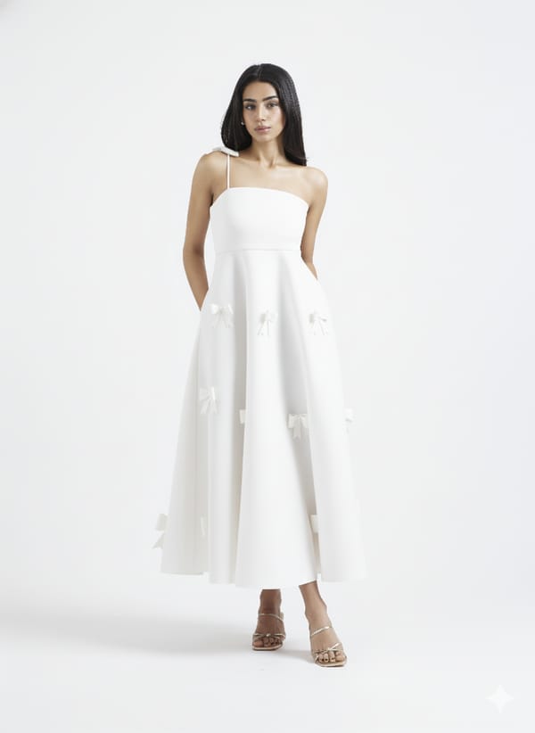 Off-White Fit and Flare Midi Dress with Bow Appliques — OZEQO