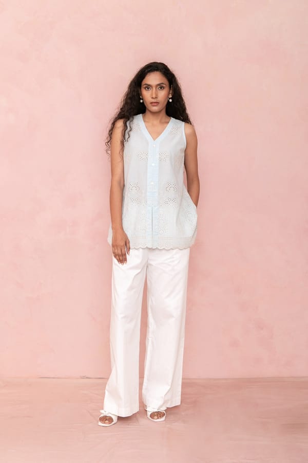 Blue Cotton Cambric Sleeveless V-Neck Embroidered Top — LABEL NAARITI