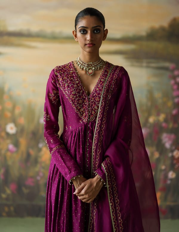 Aubergine Silk Chanderi Anarkali Kurta Set With Dupatta — Shikha Mehta