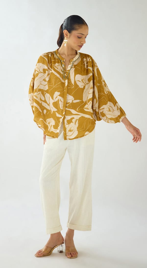 Mustard Floral Muslin Shirt with Embellished Neck — Basanti Kapde aur Koffee