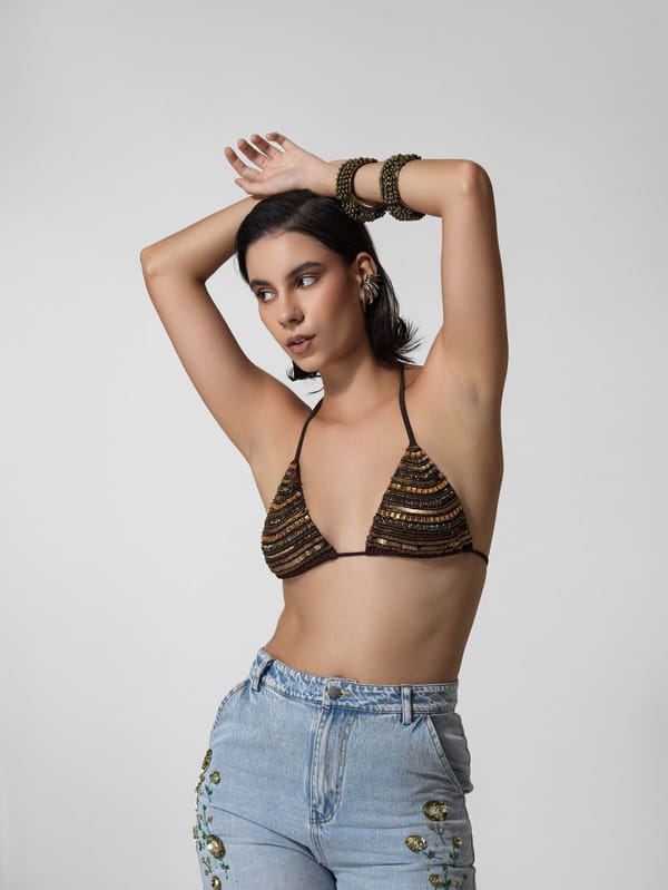 Brown Embroidered Sequin Halter Bralette — The Clothing Factory
