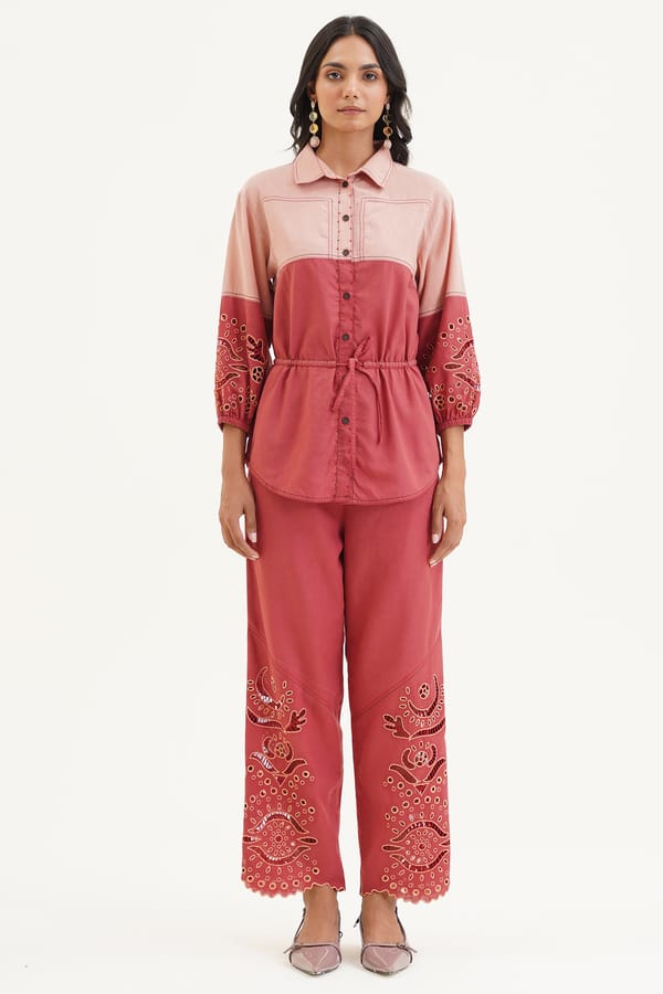 Red Cotton Wide-Leg Trousers with Embroidered Hem — STITCH STORIES