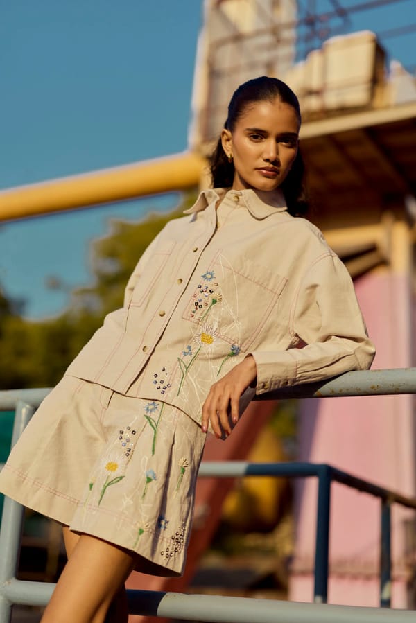Cement Beige Embroidered Shirt and Shorts Co-ord Set — Muvazo