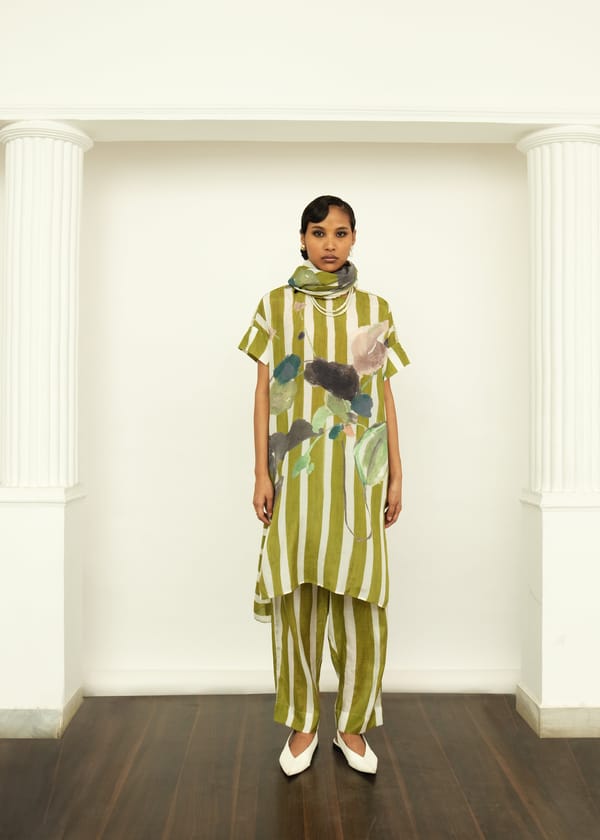 Olive/White Striped Hand-Painted Tapered Pants — Ofrida