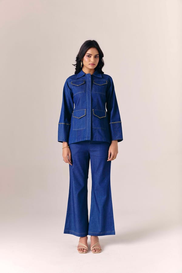 Light Blue Denim Co-ord Set with Wide-Leg Pants — Savaaya