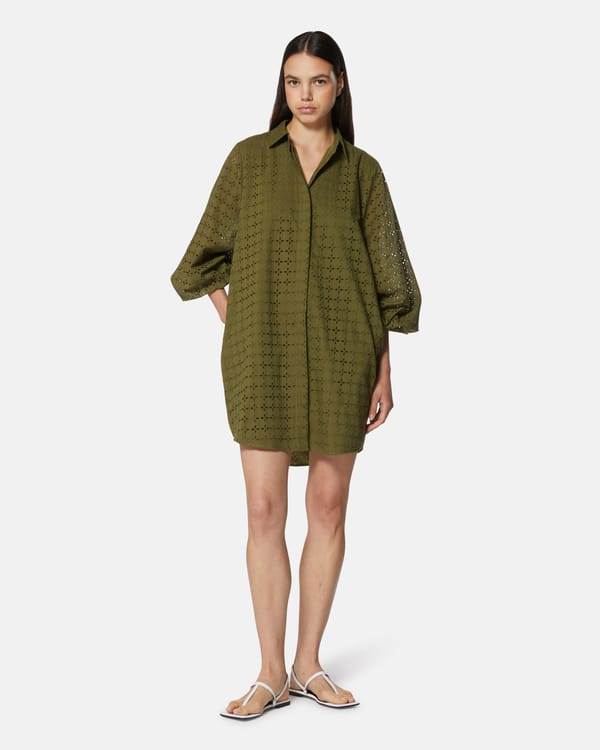 Olive Green Sangallo Cotton Shirt Dress with Cutwork — SILVIAN HEACH