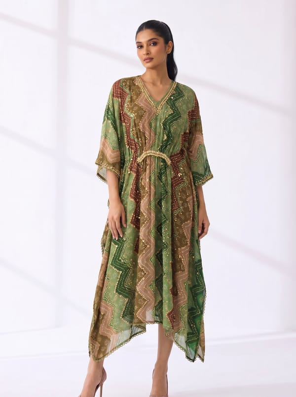 Green Viscose Georgette Kaftan — 5 Elements