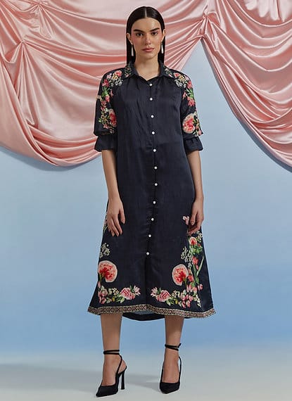 Black Linen Satin Midi Shirt Dress with Floral Embroidery — Pozruh