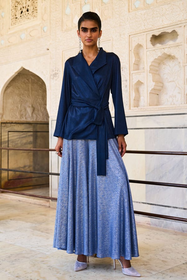 Blue Metallic Wrap Top with Lapel Collar — Dash and Dot