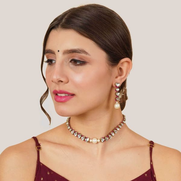 Pink Triangle �Mangle Necklace With Matching Earrings — BeAbhika