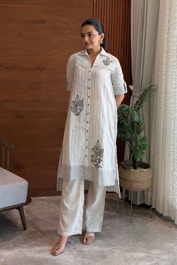 Beige Striped Embroidered Linen Kurta Set — Truly SMA