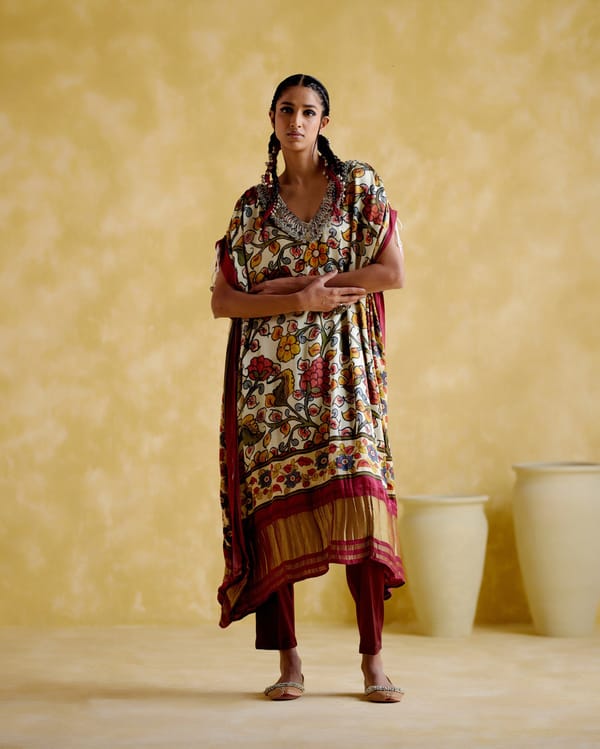 Maroon Kalamkari Print Kaftan with Embellished V-Neck — 5 Elements