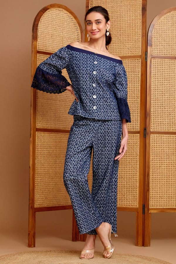 Navy Off-Shoulder Broderie Anglais Co-ord Set — BOHO-CHIC