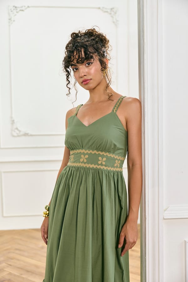 Green Cotton Poplin Applique Maxi Dress — Style Island