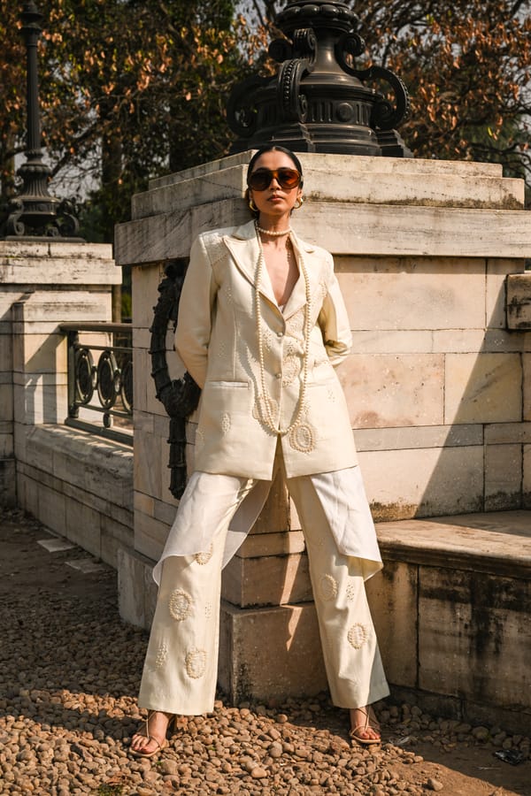 White Wide-Leg Silk Trousers with Tonal Motifs — The Dramebaaz Company