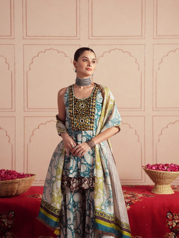 NAGMA SHORT PEPLUM KURTA WITH GHARARA AND DUPATTA — TASHA INDIA