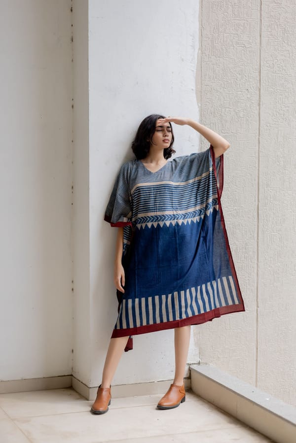 Multicolor Cotton Printed Midi Kaftan Dress — Vraj Bhoomi