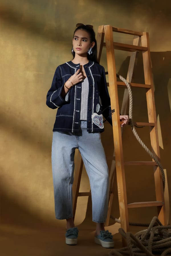 Dark Blue Denim Applique Shacket Jacket with Fringe — Rhe-Ana
