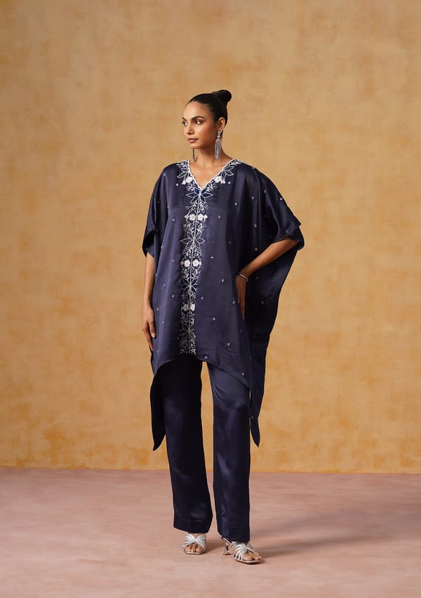 Navy Satin Embellished Kaftan Co-ord Set with Pants — AMOSHI