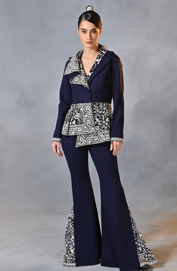 Blue Asymmetrical Drape Blazer Pant Set — OMBRELLO