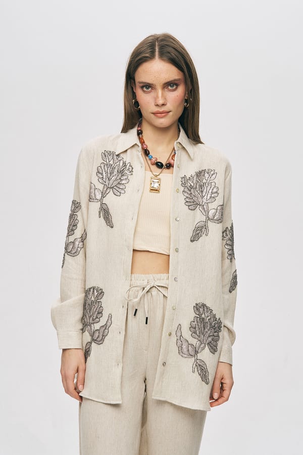 Cream Embellished Shirt and Wide-Leg Pants Co-ord Set — THE LUXURY DRESSING