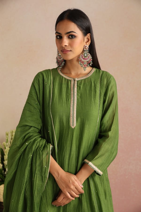 Olive Green Silk Chanderi Gota Work Kurta Set (Set of 4) — Trendy Tokari